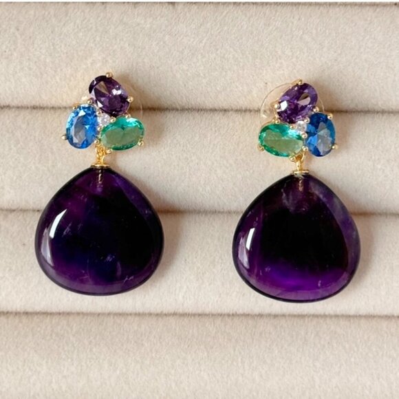 NWT Statement Amethyst Drop Earrings Teardrop 18K Plated Crystal Accents Event - Picture 7 of 11